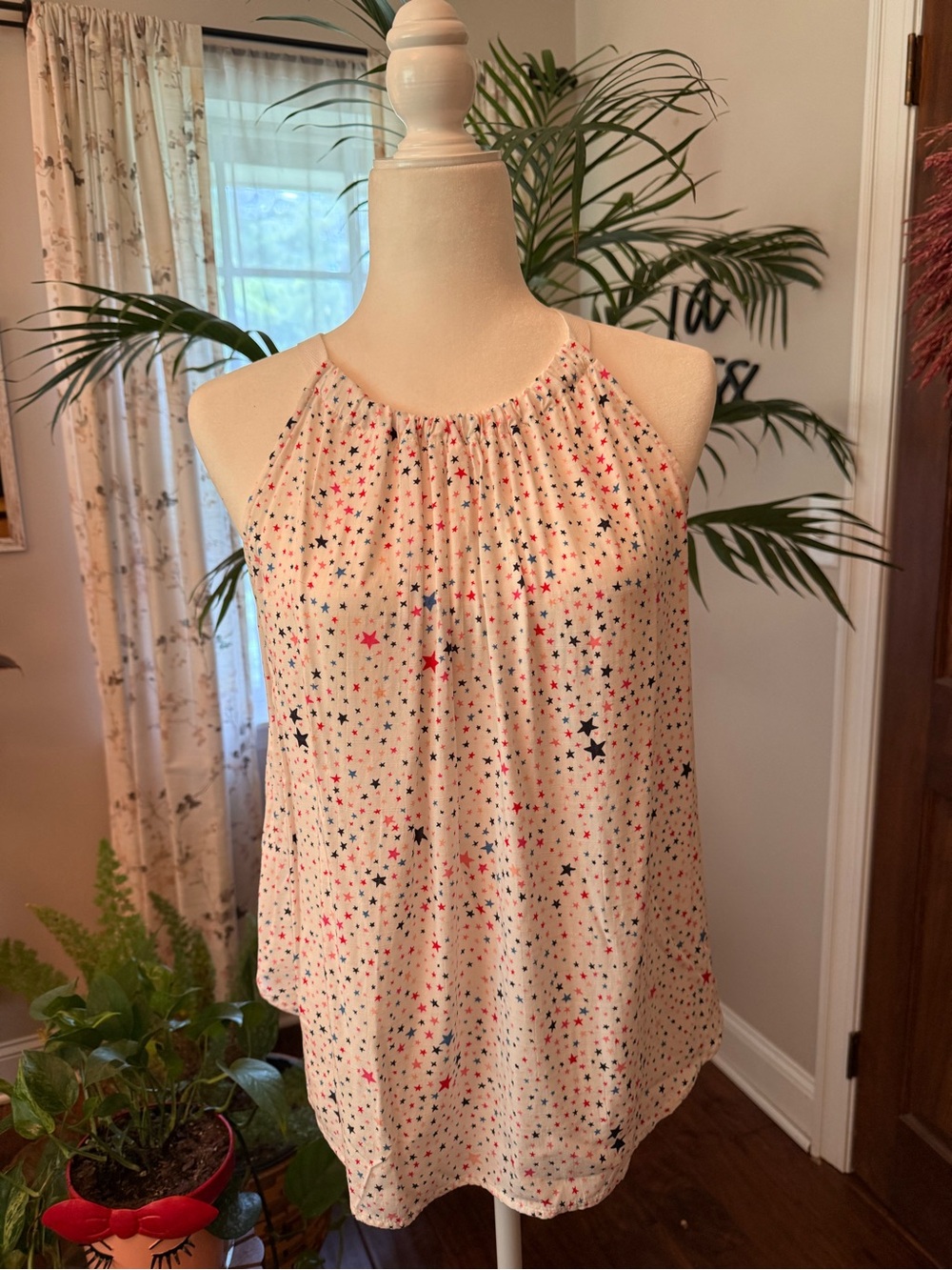 LOFT White Halter Camisole with Red, Blue and Pink Star Print